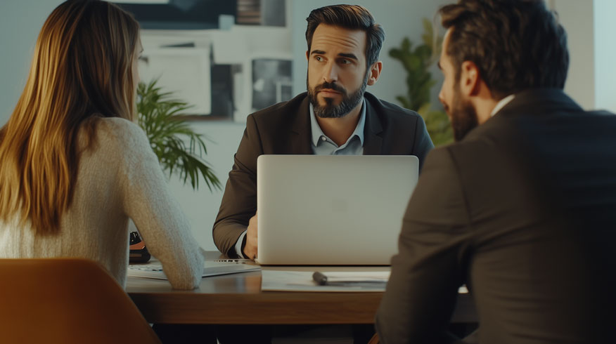 a young couple, listening intently, sitting down across a desk from a professional mortgage advisor