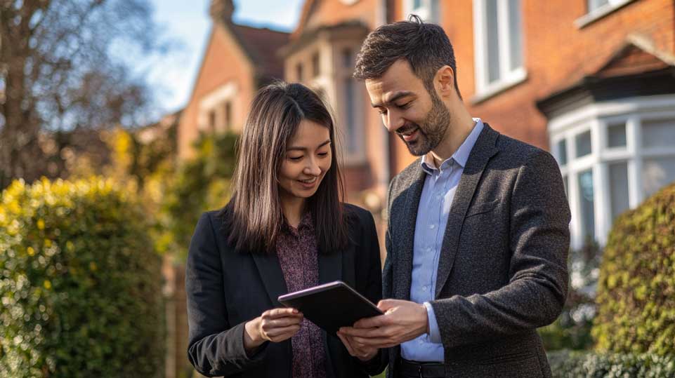 A property manager showing a digital tablet to a client, displaying a property listing. The background shows traditional South Yorkshire architecture. Both individuals are dressed professionally and engaged in discussion.