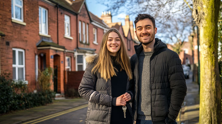 A young couple with the keys to their new South Yorkshire home, with a red-brick terraced street in the background.