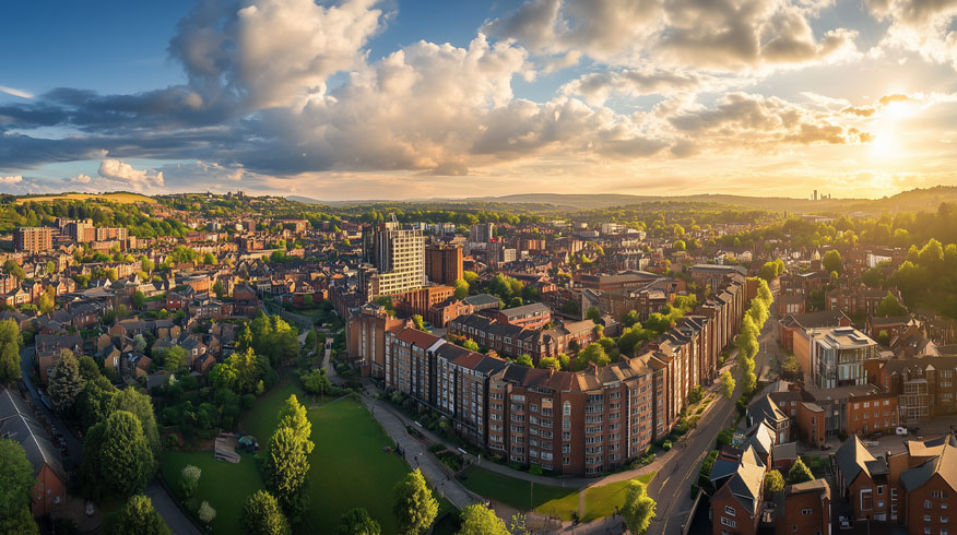 A panoramic view of Sheffield city centre, England with iconic buildings and green spaces visible. The image showcases a mix of modern and historic architecture, with the Peak District hills in the background. The scene is captured during golden hour, with warm sunlight illuminating the cityscape.