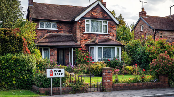 A house typical of South Yorkshire's property market. In the foreground, a 'For Sale' sign stands prominently