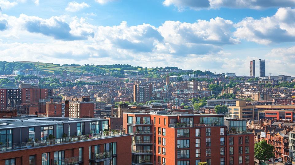 A panoramic view of Sheffield city centre with modern apartments and historic buildings, showcasing the diverse architectural styles of South Yorkshire. The image captures the bustling urban landscape with the Peak District hills visible in the background, illustrating the blend of city life and natural beauty.