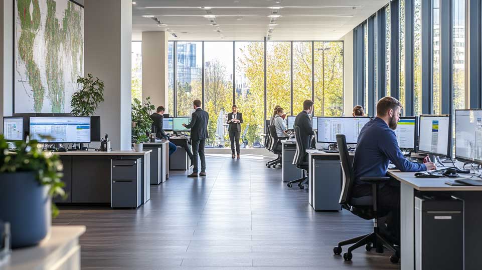 A modern office interior with property management professionals at work. Sleek desks with computers displaying property data, maps of South Yorkshire on the walls, and a busy yet organized atmosphere. People in professional attire discussing property matters.