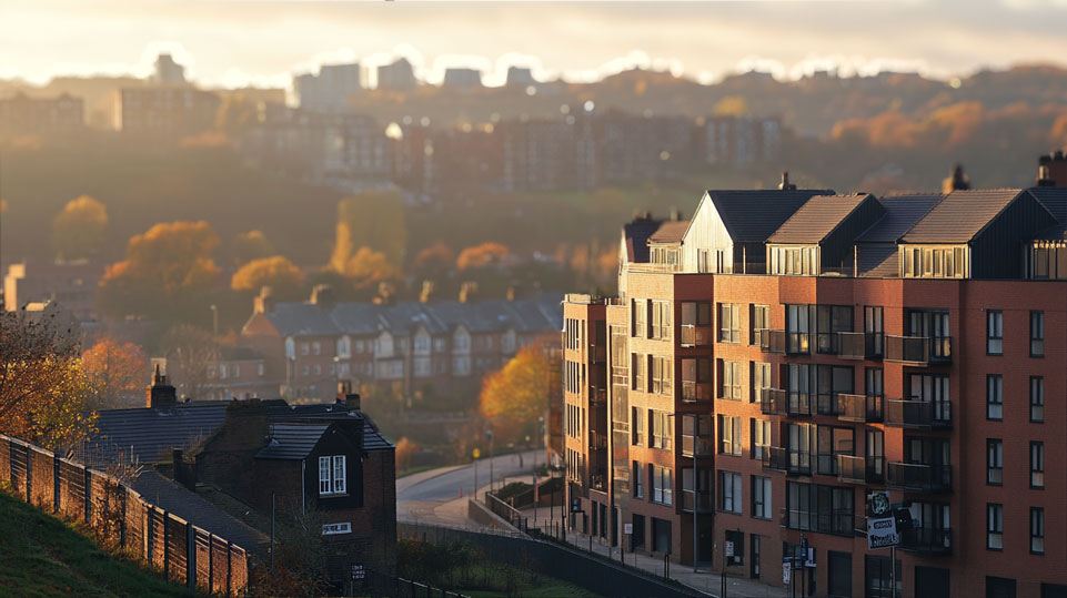 A cityscape of Sheffield, South Yorkshire, featuring modern apartment buildings alongside traditional terraced houses.