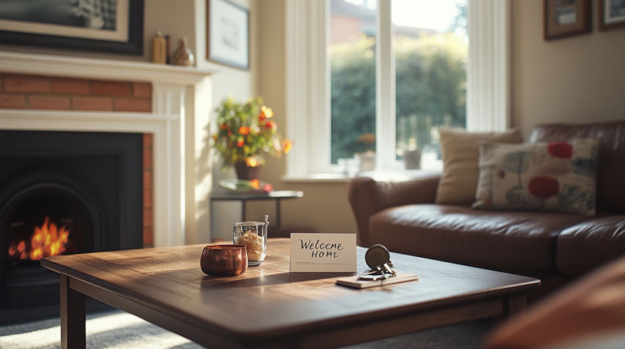 A welcoming living room in a typical South Yorkshire home. The room features a mix of modern and traditional elements, with a cosy fireplace, large windows letting in natural light, and comfortable furnishings. On the coffee table, there's a 'Welcome Home' card next to a set of new house keys.