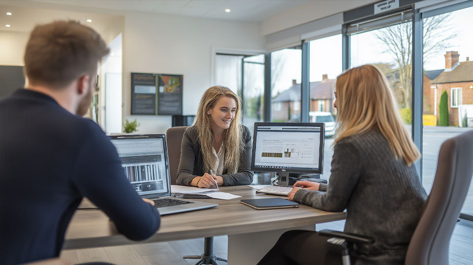 A modern estate agent's office in South Yorkshire, with computer screens displaying property listings. Inside, a smartly dressed agent is seen discussing mortgage options with a young couple.