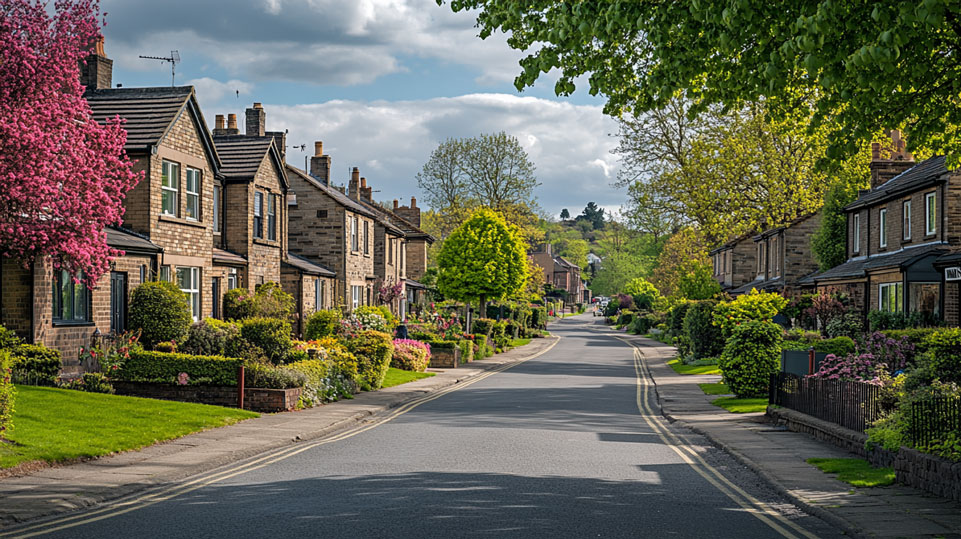 A picturesque street in a South Yorkshire town, showcasing a mix of traditional and modern homes. The image captures the essence of community living with well-maintained front gardens and tree-lined pavements.