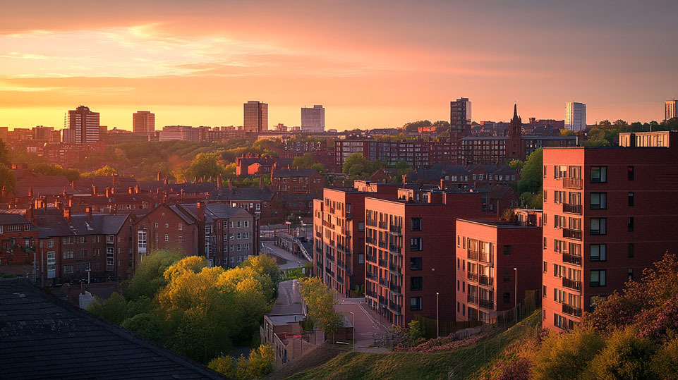 A modern Sheffield skyline at sunset, highlighting a mix of historic and contemporary architecture. The image showcases the city's vibrant property market, with residential areas visible alongside commercial buildings. The warm light of the setting sun creates a golden glow across the urban landscape, emphasising the potential for property investment.