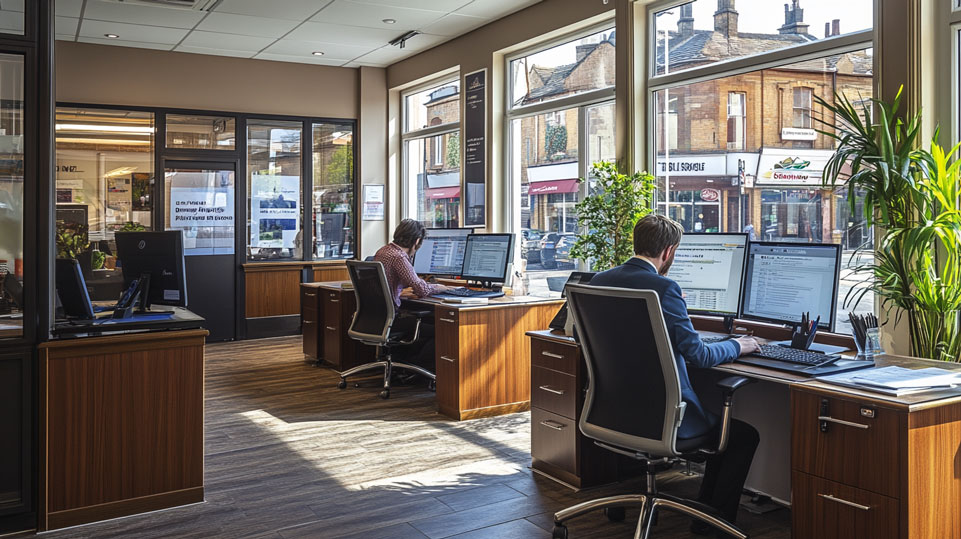 An estate agent's office in a bustling South Yorkshire town centre. Inside, agents can be seen working at desks with computers