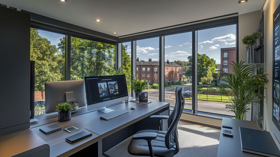 A modern real estate office in South Yorkshire with agents using holographic displays to show properties to clients. The office has a mix of modern technology and traditional Yorkshire architecture.