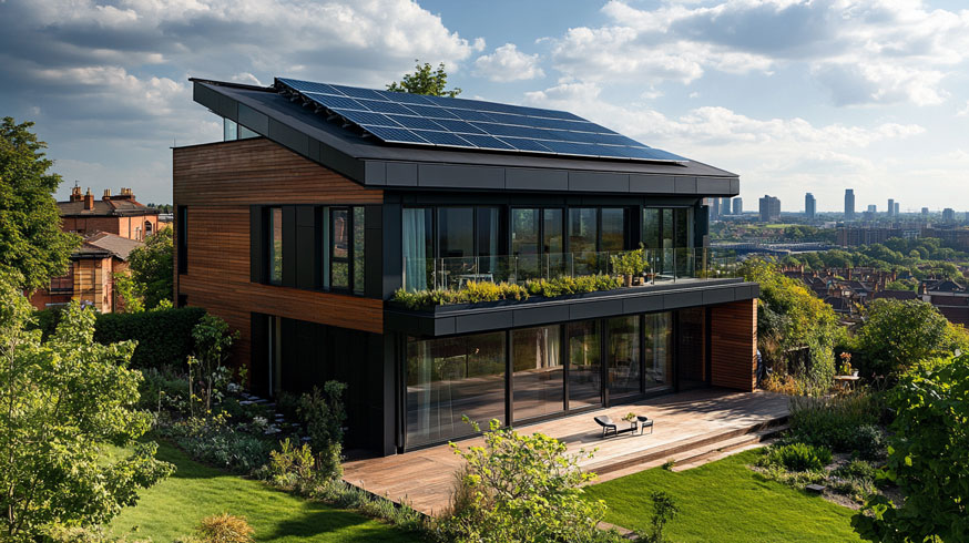 A modern, energy-efficient home in South Yorkshire with solar panels on the roof and smart home technology visible through the windows. The house is surrounded by a well-maintained garden with native plants. In the background, you can see the skyline of Sheffield.