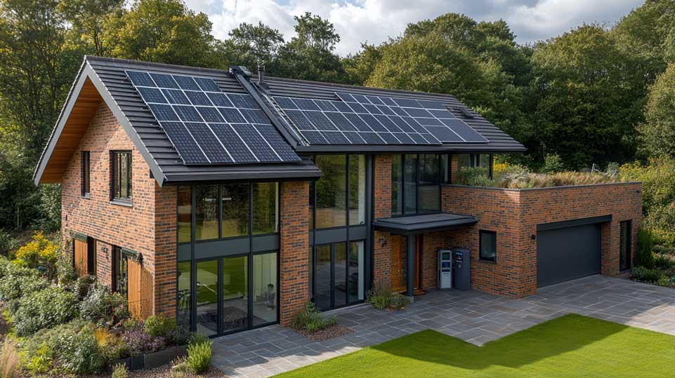 A modern, eco-friendly house in South Yorkshire with solar panels on the roof, surrounded by lush greenery. The house features large windows for natural light, a smart meter visible near the front door, and an electric vehicle charging point in the driveway.