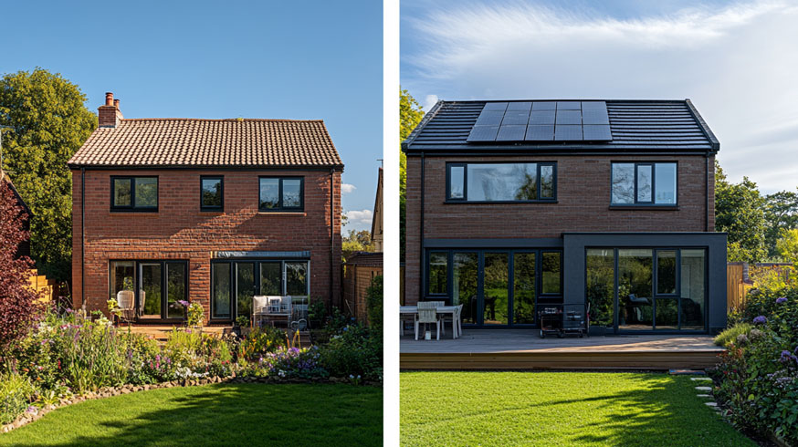 A split-screen image showing before and after shots of a South Yorkshire home undergoing eco-friendly renovations. The 'before' side shows a traditional house requiring modernisation, while the 'after' side displays solar panels, new windows, a green roof, and an attractive garden with native plants.