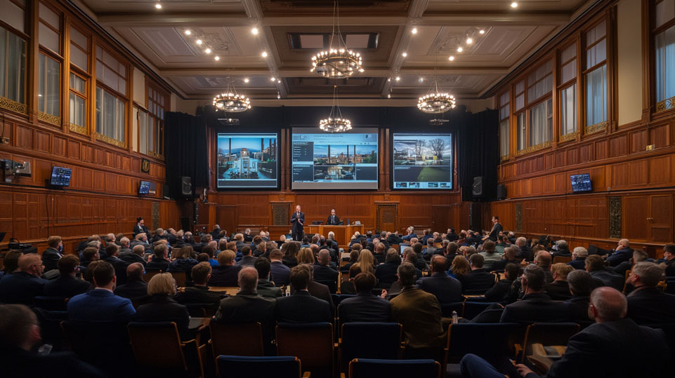 A bustling auction room in Sheffield, filled with potential buyers and sellers. The auctioneer stands at the podium, gavel in hand, with large screens displaying property details.