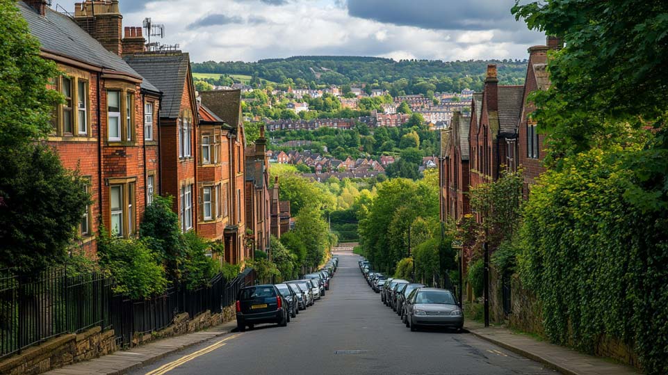 A picturesque street in Sheffield, South Yorkshire, with a mix of traditional terraced houses and modern apartments. The image captures the essence of the city's blend of industrial heritage and contemporary living. In the background, rolling green hills are visible, showcasing the proximity to the Peak District.