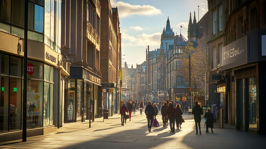 A bustling street in Sheffield city centre, showcasing a mix of modern and historic buildings. In the foreground, a 'To Let' sign is visible on a stylish apartment block. People are walking along the pavement, some carrying shopping bags.