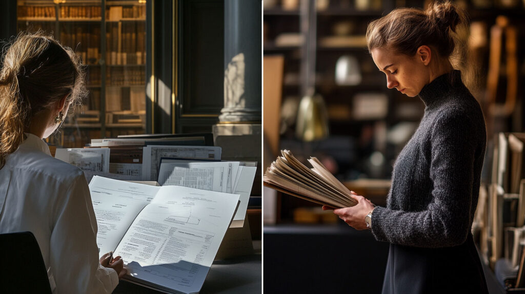 A woman studies documents and auction catalogues