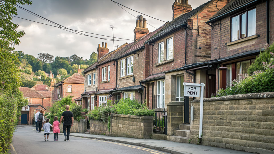 A well-maintained terraced house in a residential area of South Yorkshire. The image shows a mix of traditional and modern elements, with a 'For Rent' sign in the foreground. 