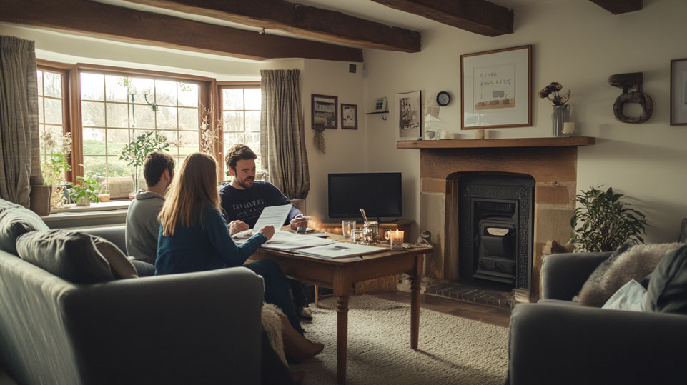 A cozy living room in a typical South Yorkshire home, with a young couple sitting at a dining table reviewing mortgage documents. The room features traditional elements like exposed wooden beams and a fireplace, combined with modern furnishings.